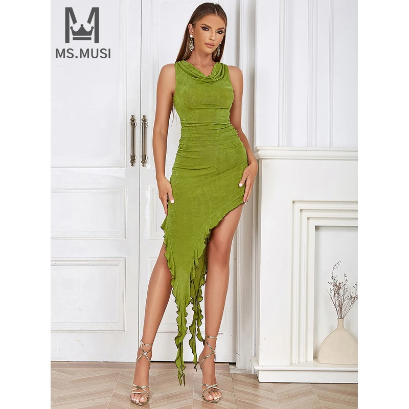 

MSMUSI 2024 New Fashion Women Sexy Solid Ruffles Draped Fold Sleeveless Bodycon Party Club Event Slit Slim Midi Dress Vestidos