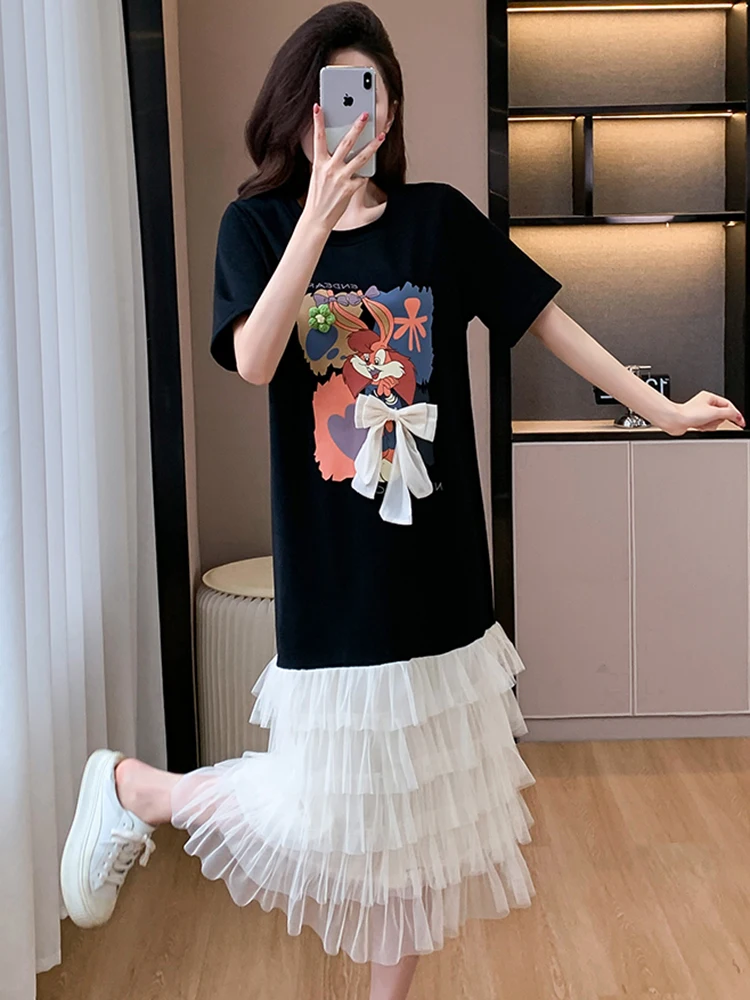 Feminino coreano moda casual vestido de férias verão preto impressão dos desenhos animados arco y2k vestido 2025 novo elegante retalhos malha em camadas vestido