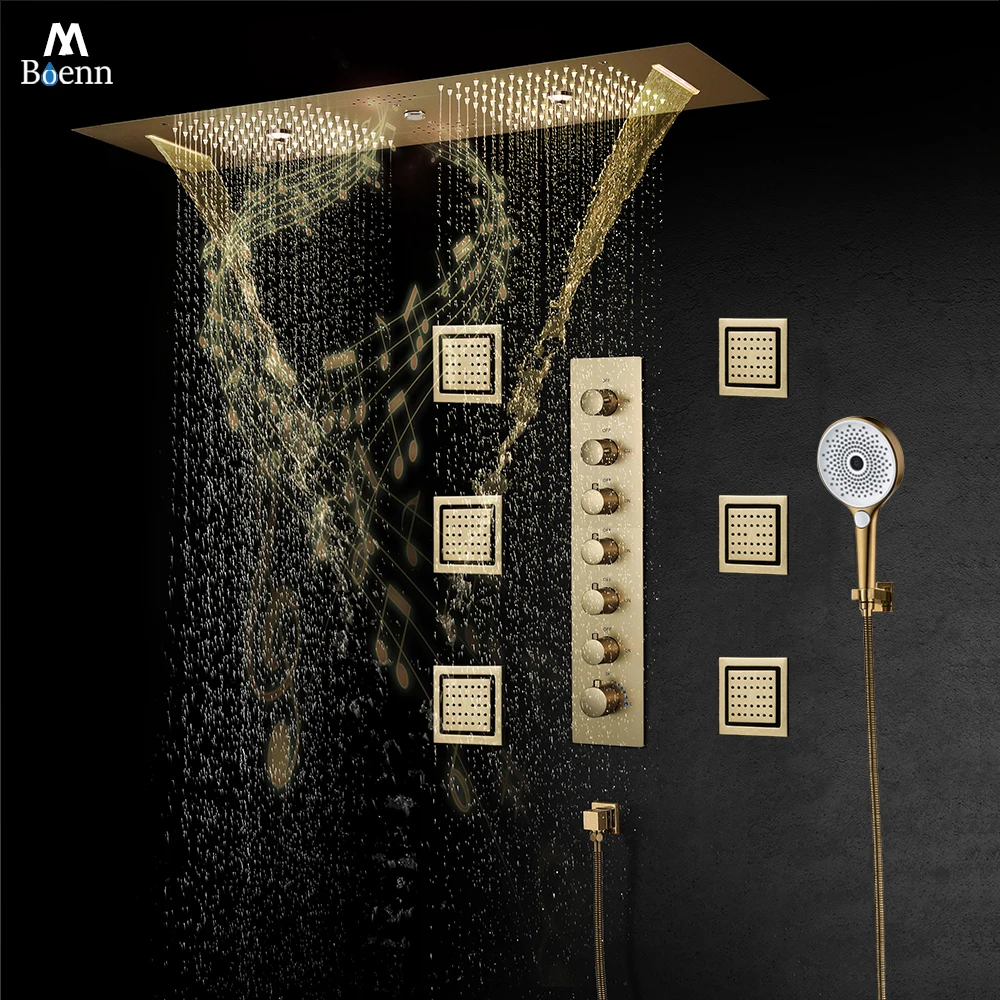 M Boenn Brushed Gold 900×300mm Stainless Steel Shower Head Thermostatic 6 Functions Rain Shower Set Bathroom Faucets Brass Taps