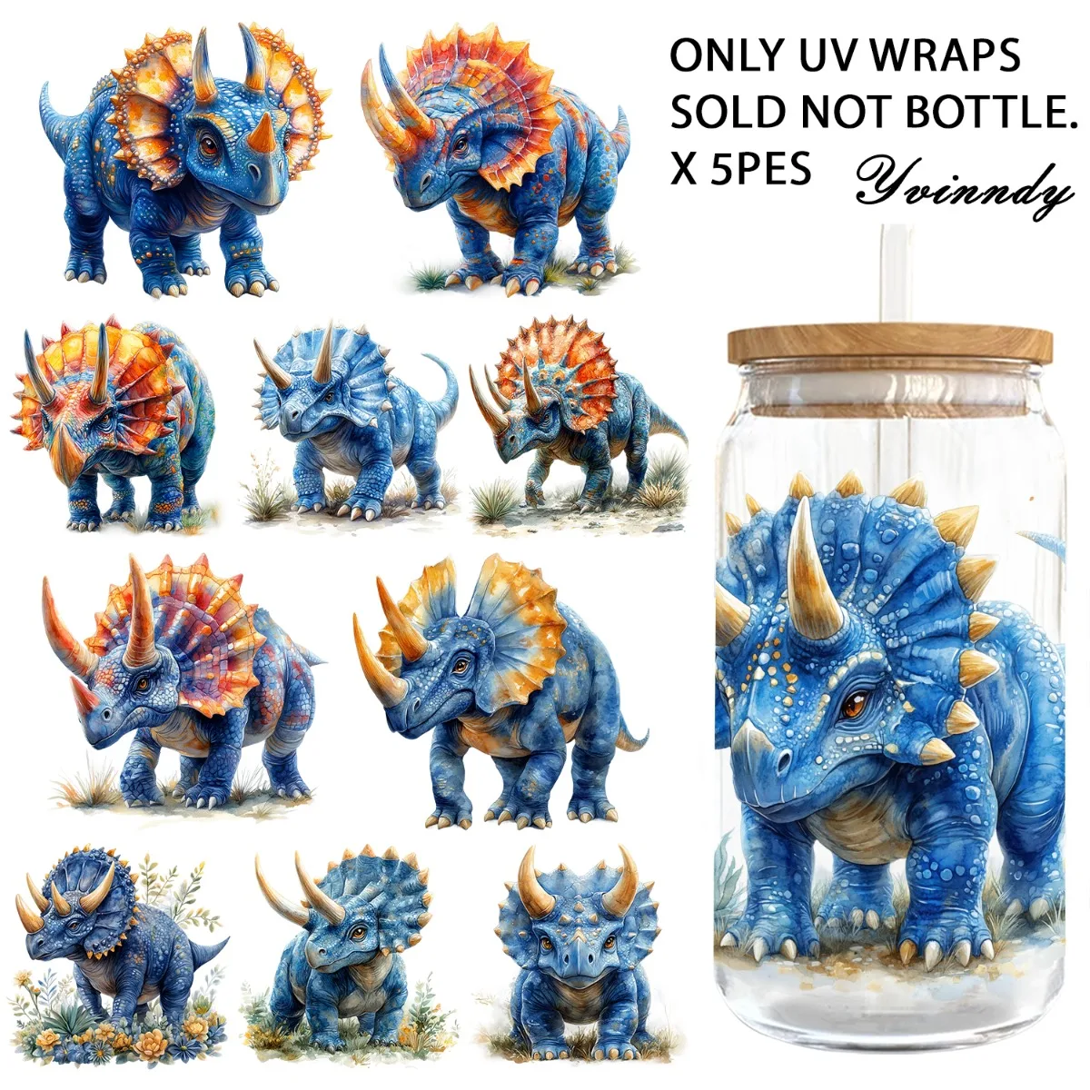 5 Stück/Set 16OZ UV DTF DIY-Transferpapier – Aquarell-Triceratops-UV-DTF-wasserfester Film (ohne Wasserbecher)