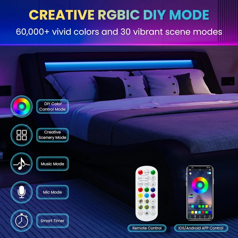 Queen Size Low Profile Sleigh Bed Frame with Adjustable Headboard, Wood Slat Support and Mattress Foundation