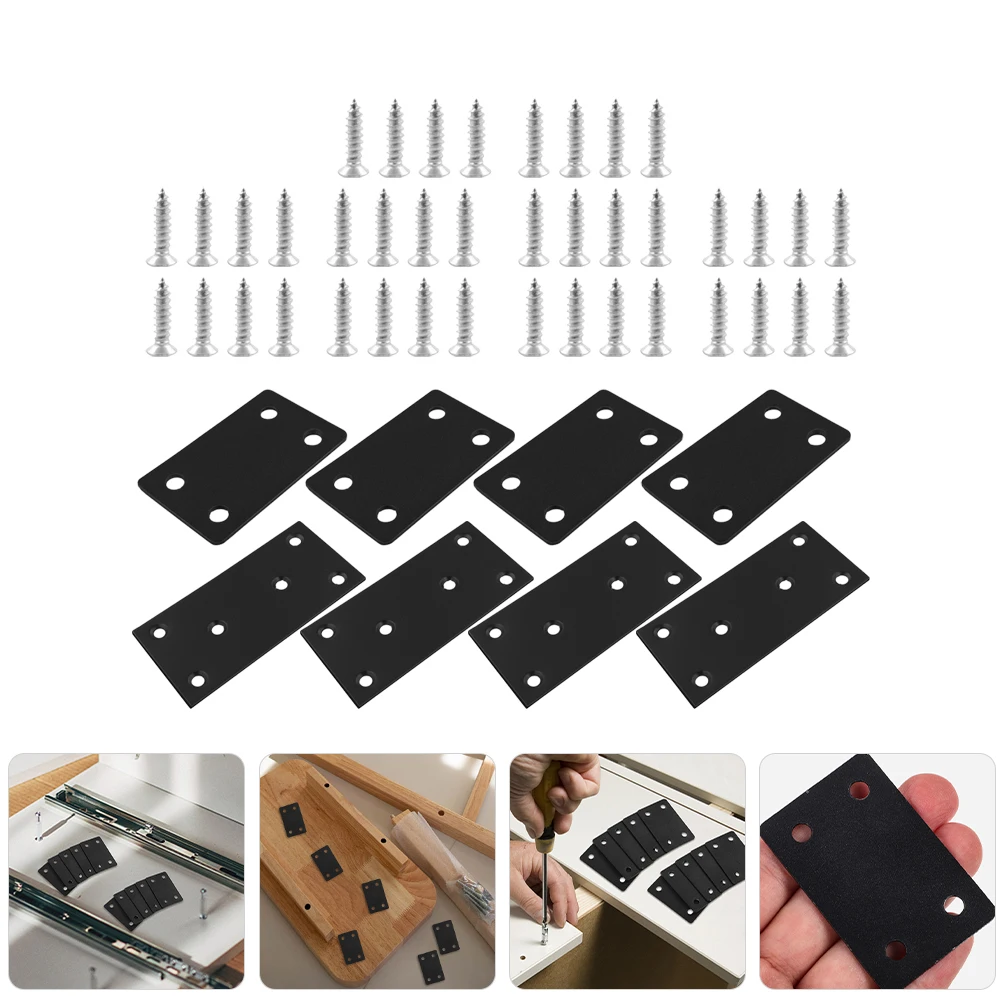 

1 set Stainless Steel Connecting Plates Black 4-Hole Straight Pieces 40x80 Square Plates 4x16 Screws Mending Brackets Wood