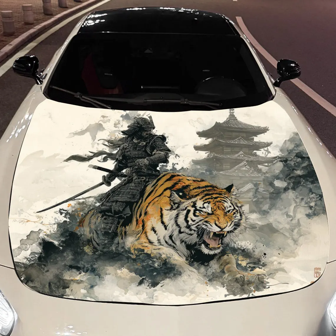 

Самурайский верховой тигр с древней архитектурой, виниловая пленка для автомобиля, водонепроницаемая наклейка на капот автомобиля из ПВХ, самоклеящаяся царапина-R