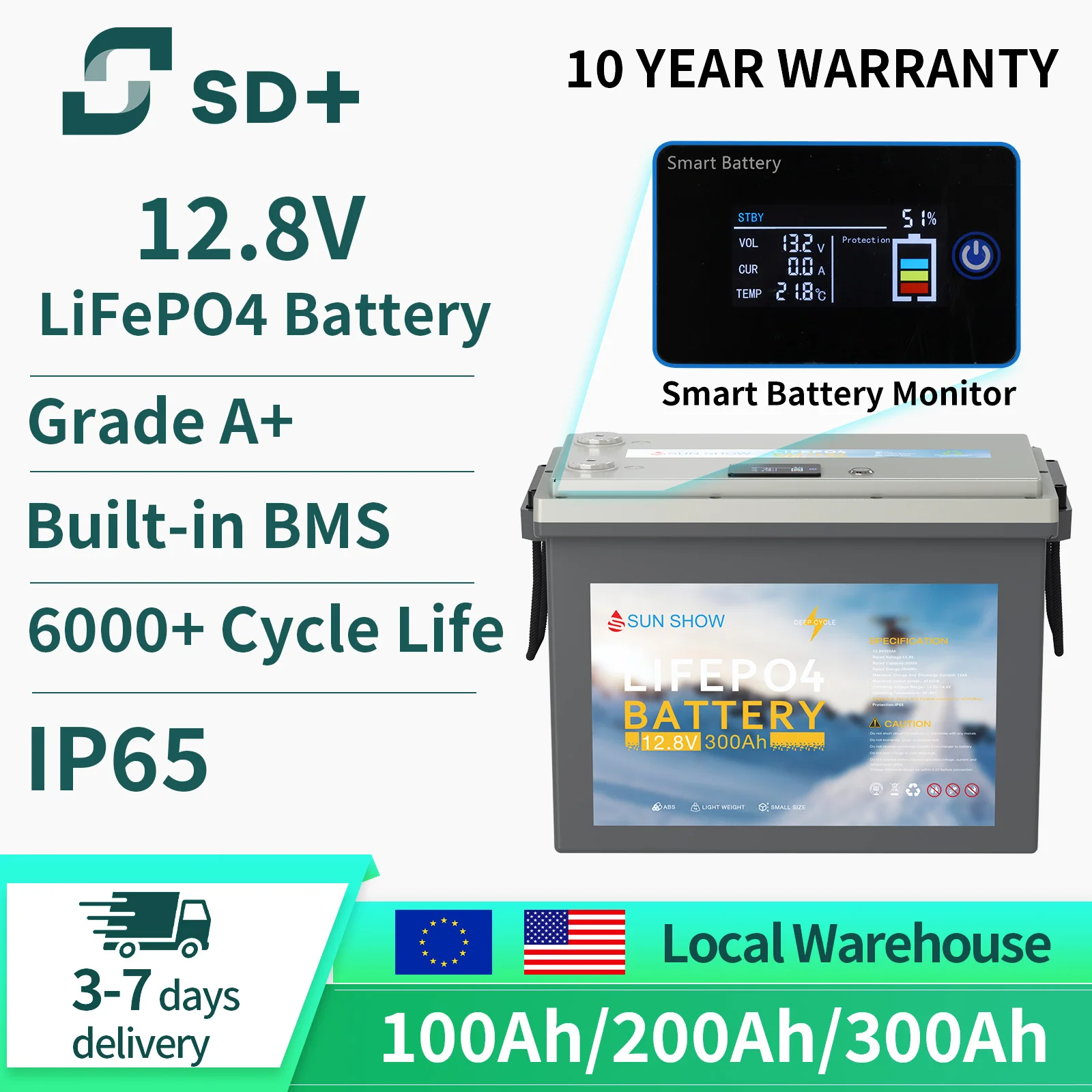 SANDISOLAR 300AH 200Ah 100AH 12.8V LiFePO4 Battery 12V Lithium Iron Phosphate Battery 3840Wh Long Life 6000 Cycles for RV Camper Boat Golf Cart
