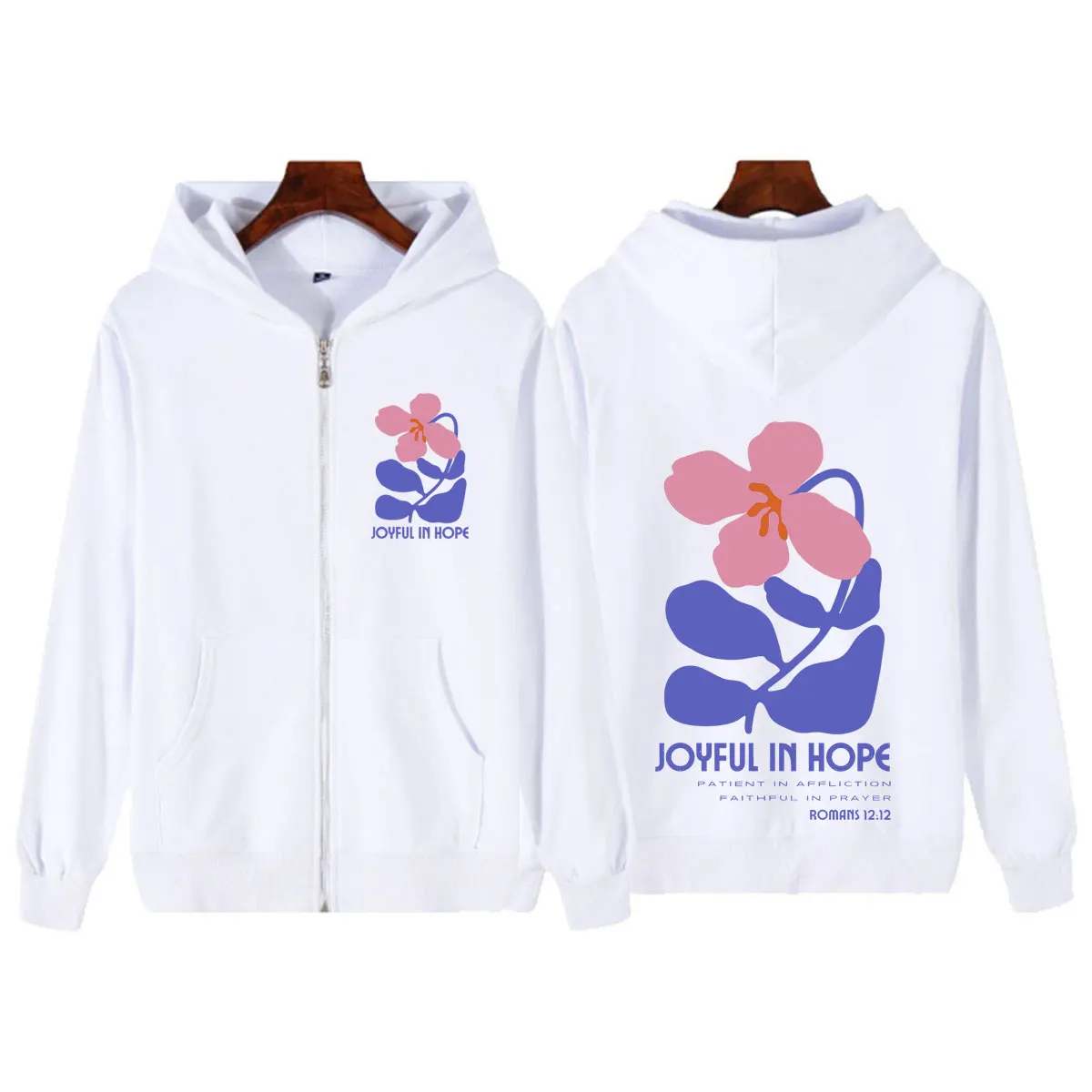 Jaqueta com Zíper Unissex com Estampa Floral e Versículo Bíblico Cristão Joyful in Hope, Moda Casual Solta de Manga Longa