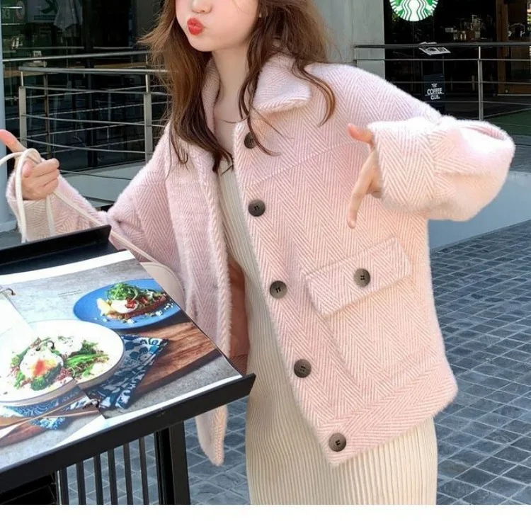 2025 Otoño Invierno nueva Faionable suéter de terciopelo de visón tejido Thiened Fce forrado prendas de vestir exteriores sueltas para mujeres