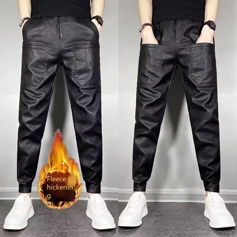 Pu レザーオートバイパンツ男性高品質冬の高級衣類ビッグサイズ防風カジュアル暖かいメンズ黒ズボン