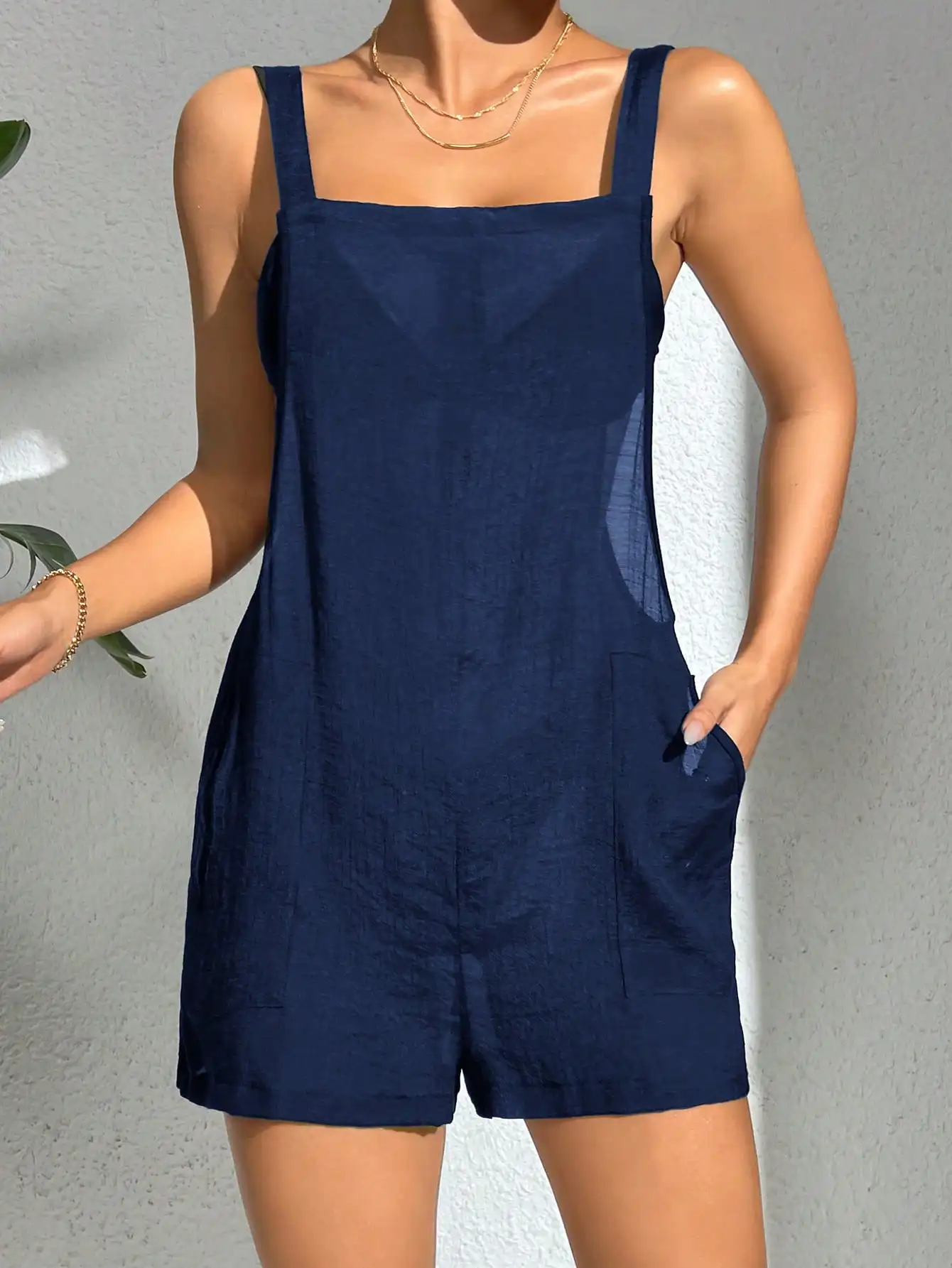 

Summer Casual Solid Color Sleeveless Jumpsuit With Pockets