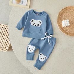 Suefunskry Toddler Boys Autumn 2Pcs Pants Set Long Sleeve Bear Embroidery Pullover Tops and Drawstring Pants Sets   0-3Years