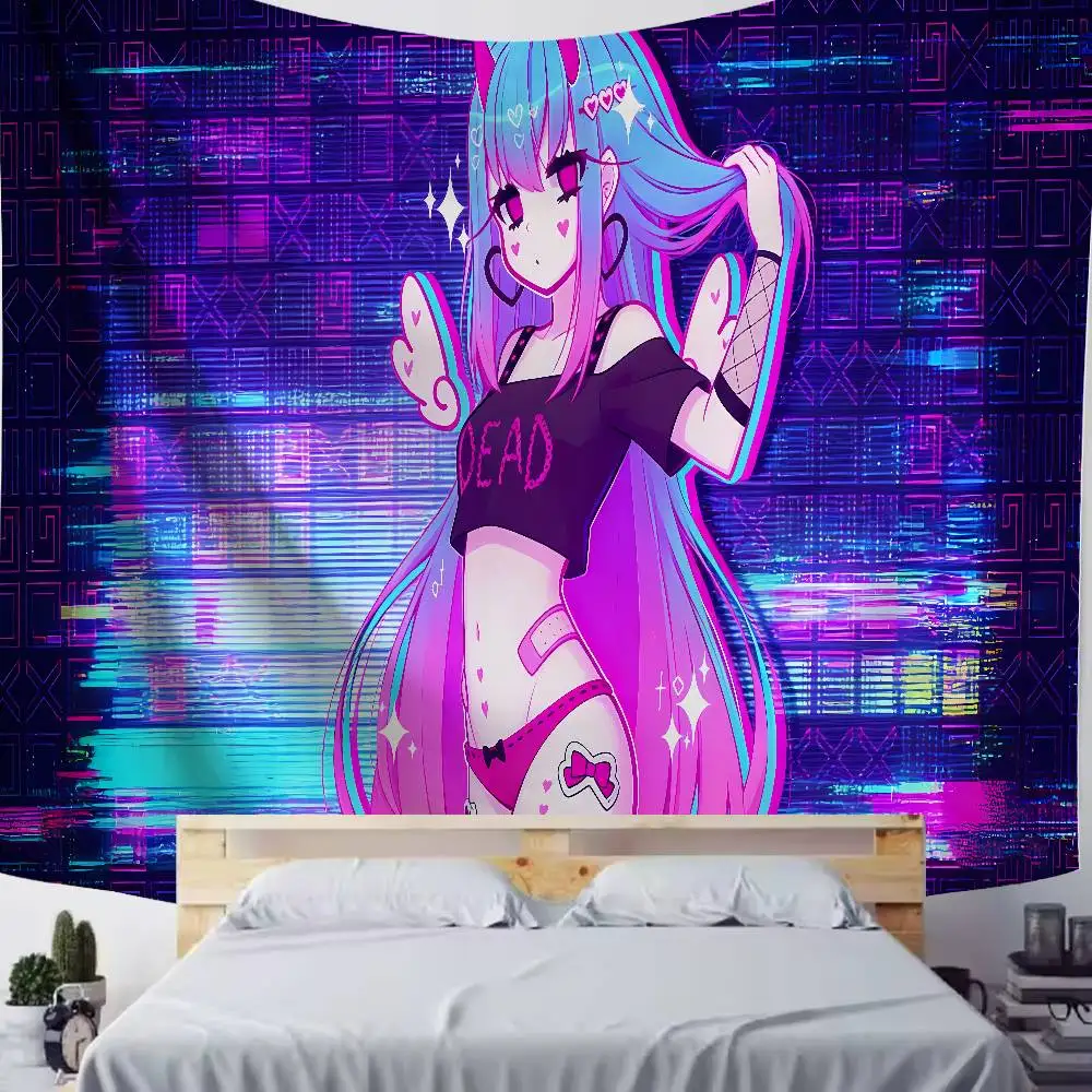 Cute Hot Girl Purple Neon Girl Tapestry Hanging Popular Purple Game Player Living Room Style Bedroom Wall Decoration