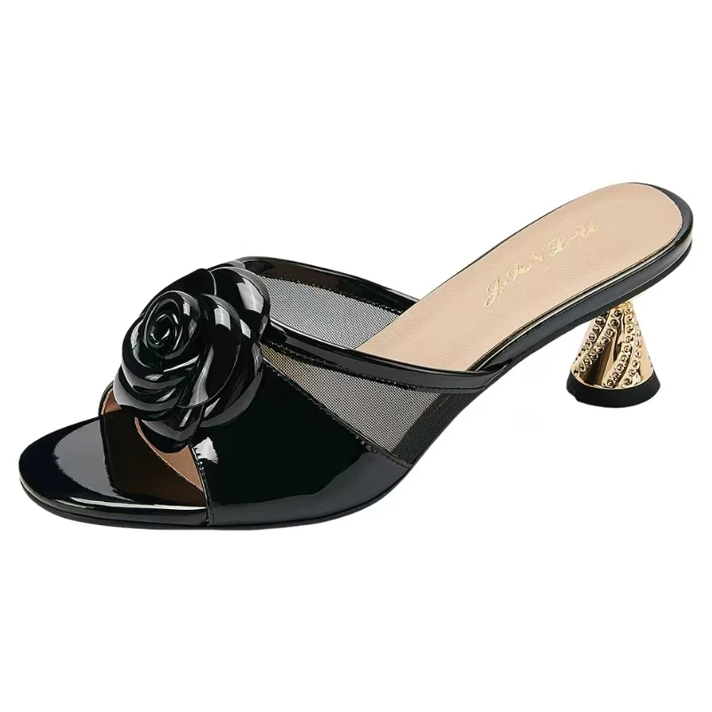 

Women's Leather Mesh Flower Peep Toe Slippers Summer New Soft Sole Breathable Sweet Outdoor High Heel Slippers Sandals