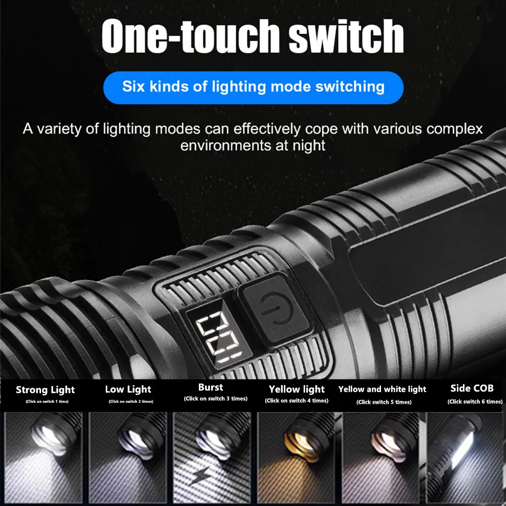 High Power Strong Flashlight Double White Light Yellow Light Telescoping Zoom With Power Display USB Charging Camping Torch