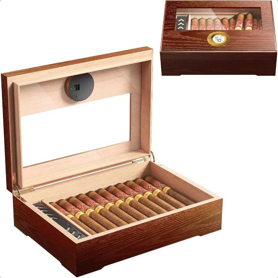 Cigar Humidor Box Cedar Wood Brown Men Desktop Case Gift for Father with Glass Top Digital Hygrometer Humidifier for 2025 Cigar