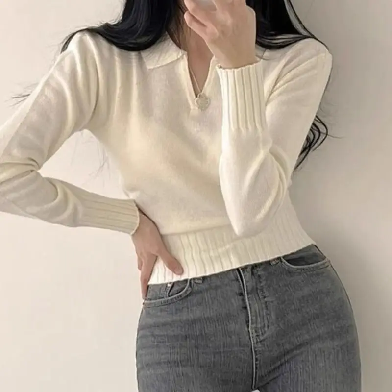Fall Polo-neck Knitted Base Layer Sweater with A Slim and Unique Short Style, Worn As An Inner Layer Under A Sweater