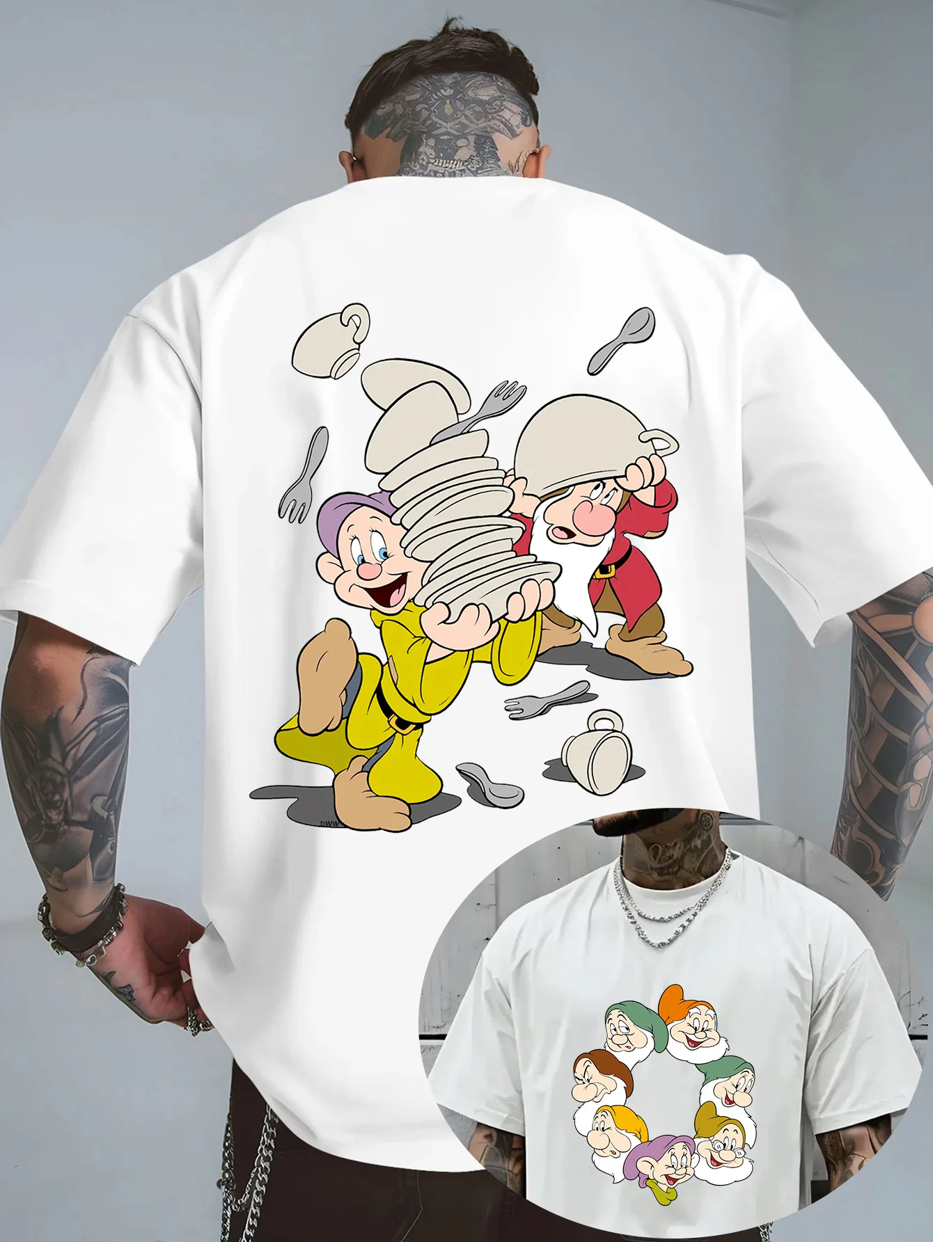 

Disney Seven Dwarfs Men's T-Shirt Daily Leisureand Theme Activities Wear Unisex Cotton Short Sleeve Oversized Streetwear