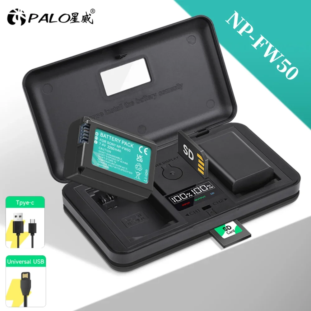 

PALO NP-FW50 NP FW50 Battery + Card Reader Fast Charger Box for Sony A6000 A6400 A6300 A6500 A7 A7II A7RII A7SII A7S A7S2 A7R