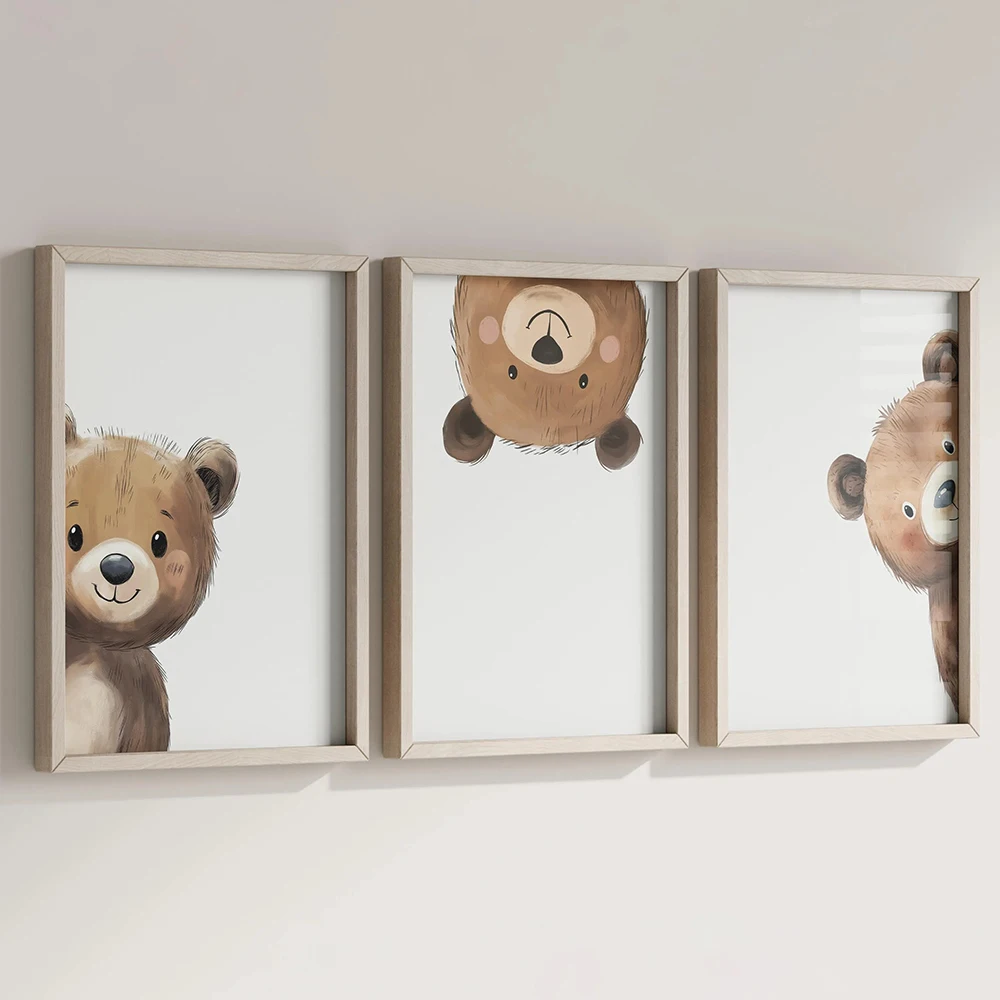

Set of 3 Bear Print Nursery Wall Art - Peeking Bear Posters, Peekaboo Kids Room Decor, Woodland Animal Home Decor, Framelss