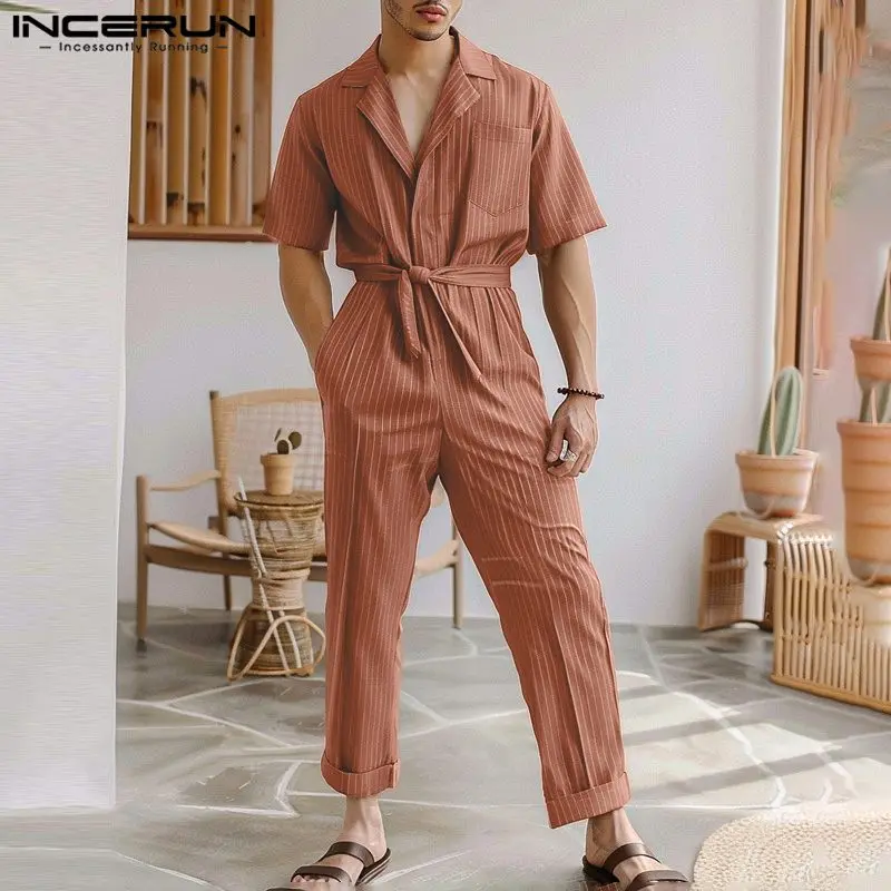 

INCERUN Men Jumpsuits Striped Lapel Short Sleeve Summer Casual Male Rompers With Belt Streetwear 2024 Fashion Leisure Overalls