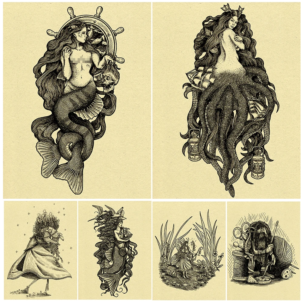 

Mermaids And Sirens Vintage Wall Art Canvas Painting Elf,Dwarf,Shaman Gothic Wicca Art Poster And Print Home Decoration Unframed