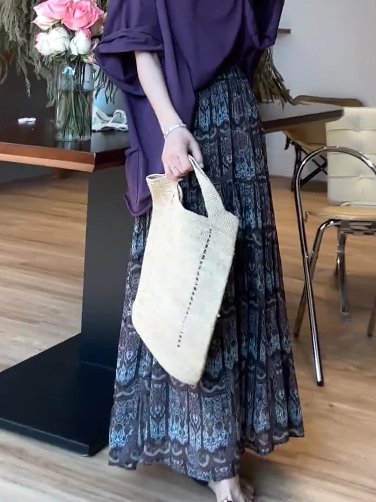 

Этническая макси-юбка 2025: Новая летняя модель с высокой талией, стройнящая, универсальная, в пол, женская, драпированная, А-силуэт