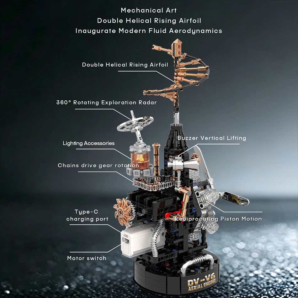 707 PCS Da Vinci Aerial Screw Flying Machine Model Building Blocks Mechanical Leonardo Helicopter Engine Bricks Toys Adults Gift