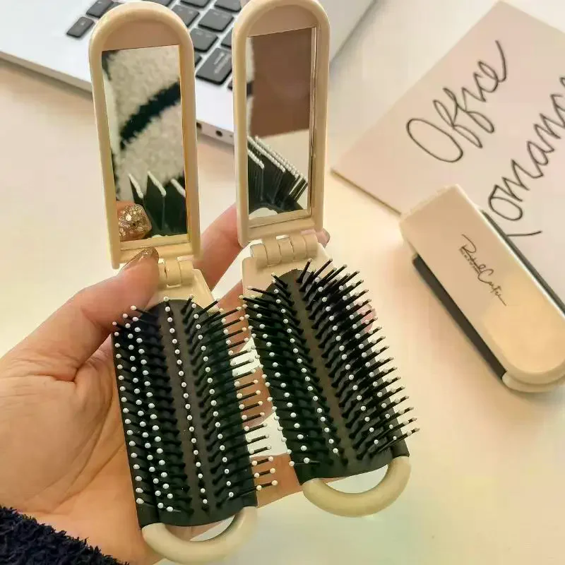 2 في 1 فرشاة شعر صغيرة قابلة للطي تدليك مشط تدليك الرأس مكافحة ساكنة المحمولة أمشاط الشعر مرآة وسادة هوائية تدليك فروة الرأس مشط #3