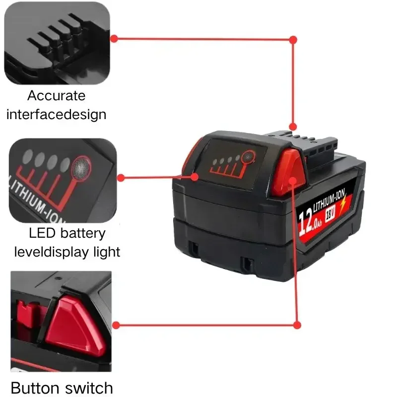 for Milwaukee m18 Battery 18V 12.0Ah Li-Ion Replacement Battery 48-11-1815 M18B2 M18B4 M18BX L50 Cordless Power Tools