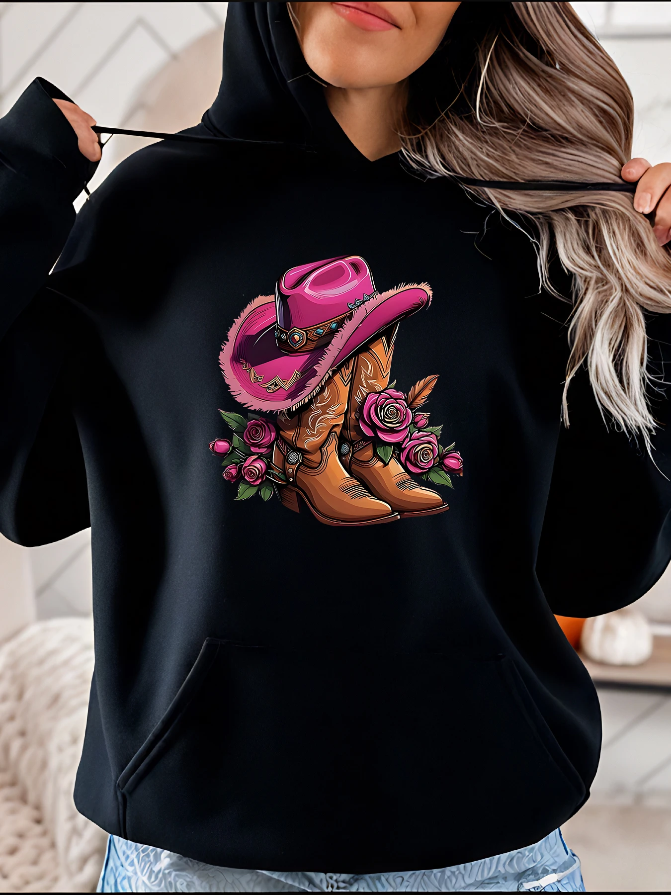 

Cowboy Boots Hoodie Pink Hat Rose Print Women's Casual Western Style Sweatshirt for Country Fashion Lovers