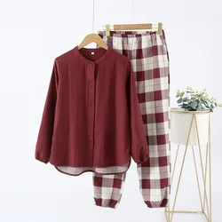 Women's 100% Cotton Double-layer Yarn Printed Home Clothing Spring Thin Standing Collar Pajama Set Long Sleeves Sleepwear 2 Pcs