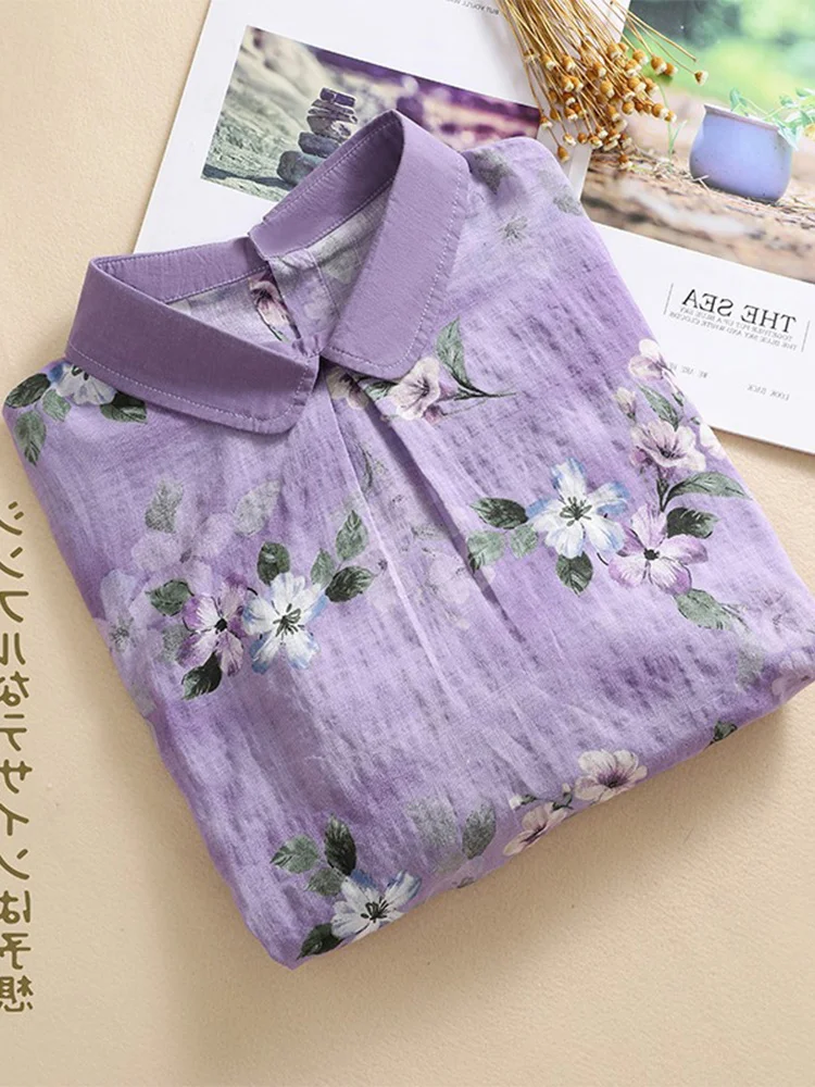 เสื้อผ้าฝ้ายลินินลายดอกไม้สไตล์เรโทร คอปกตุ๊กตาบางเบา ผ้าไหม เสื้อผู้หญิงทรงหลวม พิมพ์ลาย เหมาะสำหรับใส่ไปทำงานในฤดูร้อน