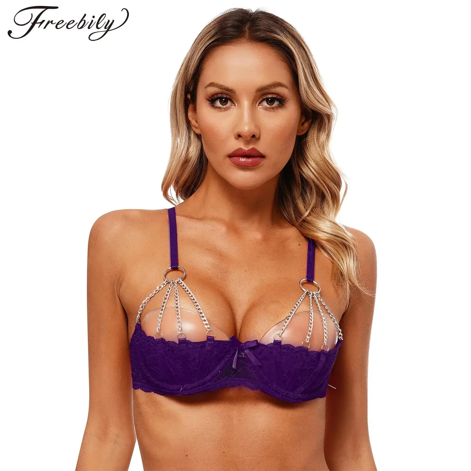 

Women Sexy Half Cup Lace Lingerie Bra Thin Pad Underwire Exposed Nipples Brassiere O-Ring Chain Balconette Nightwear Clubwear