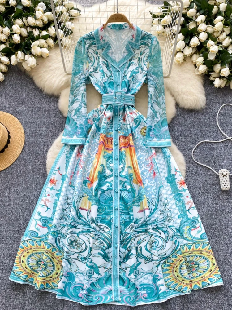 Maxi Belt Dresses for Women Korean Vintage Robe Femme 2024 Vestidos De Mujer Turn Down Collar Floral Bohemian Autumn Dress WJ