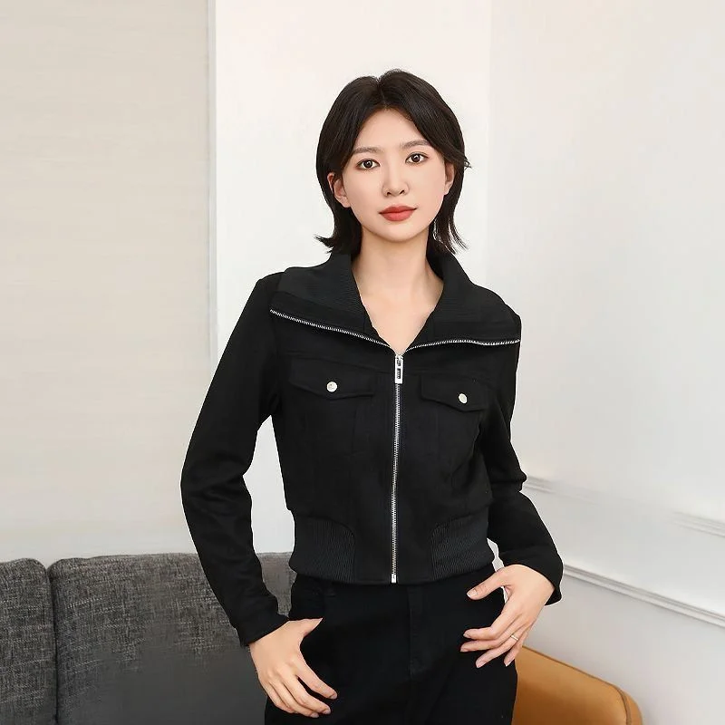 2026 New Fashion Suede Motorcycle Jacket Women's Coat Spring Autumn Outerwear High Waist Short Design Slim Casual Lapel Jacket