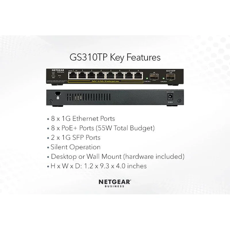 NETGEAR GS310TP 8-Port Gigabit Ethernet PoE+ Smart Switch With 2 Dedicated SFP Ports 55W