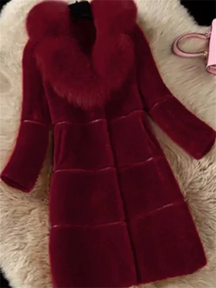 Pardessus en fausse fourrure à col en fourrure pour femme, manteau en peluche mince, mi-long, vêtements de neige élégants, hiver chaud, luxe