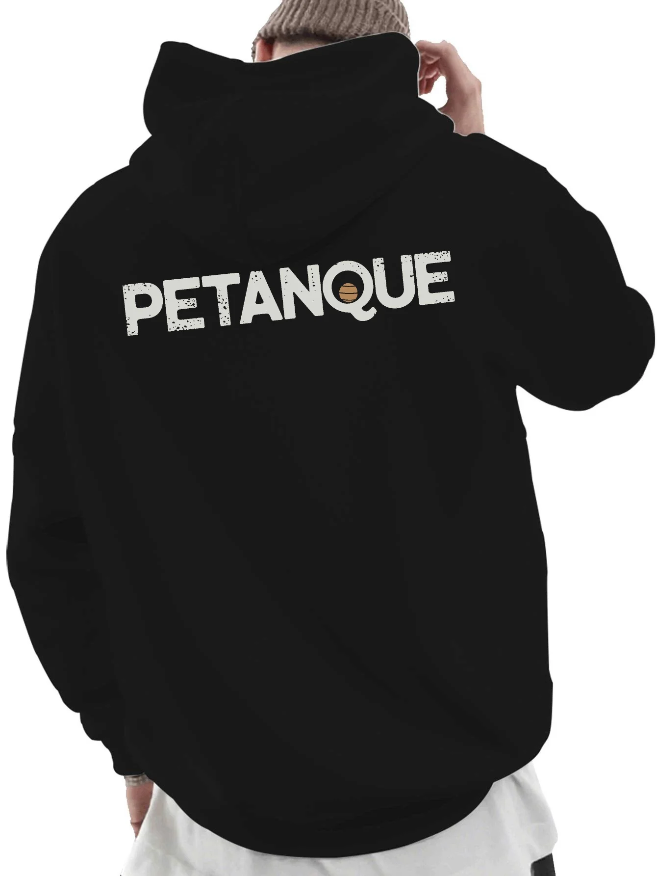 Casual sports men's pullover hooded sweatshirt with distressed lettering print. Outdoor hip-hop everyday hooded sweatshirt.