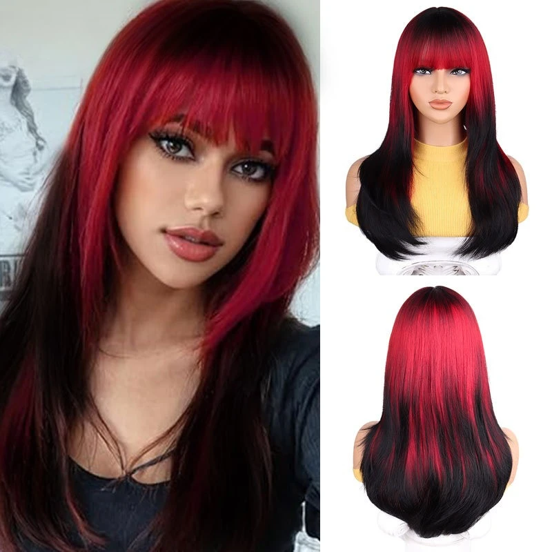 

Burgundy long straight hair headgear European and American Halloween dress up chemical fiber headgear