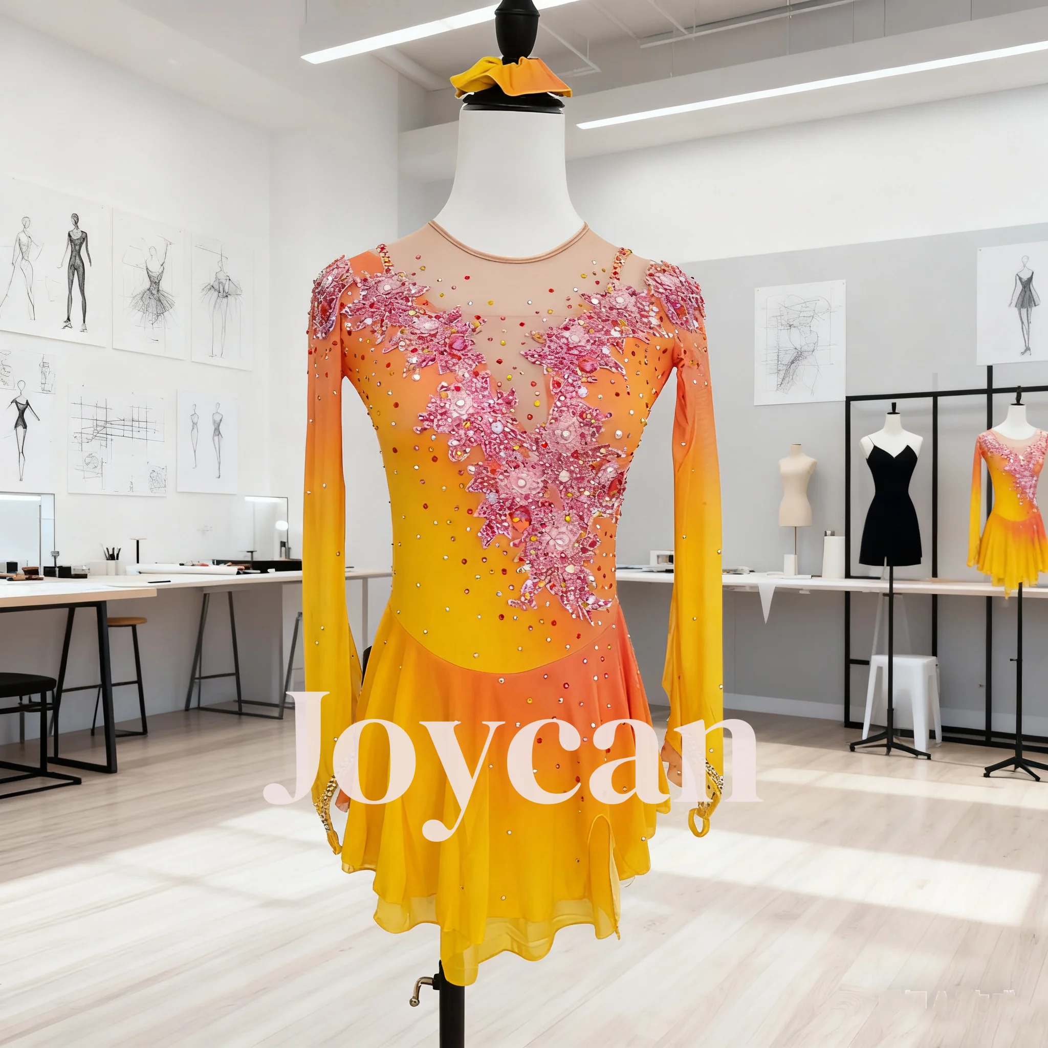 Vestido de patinaje artístico Joycan para niña, vestido de baile en barra hecho a mano personalizado con diamantes, actuación de competición BD1517