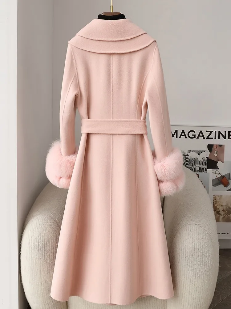 뜨거운 판매 가을 겨울 여성 진짜 모피 코트 캐시미어 울 혼합 여우 모피 커프스 고품질 숙녀 슬림 오버 코트