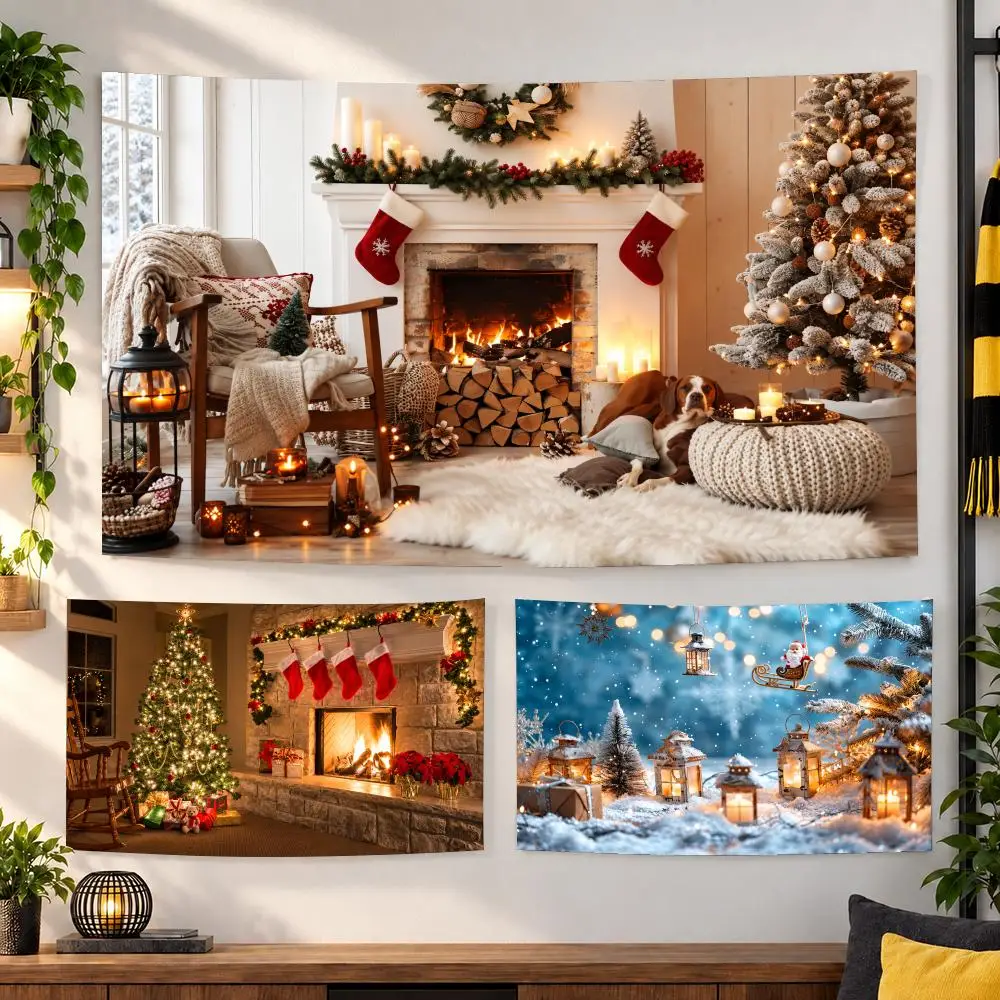 Christmas Fireplace Tree Scenes Tapestry Custom Living Bedroom Party Dormitory Interior Wall Bohemian Decoration Attached Clip