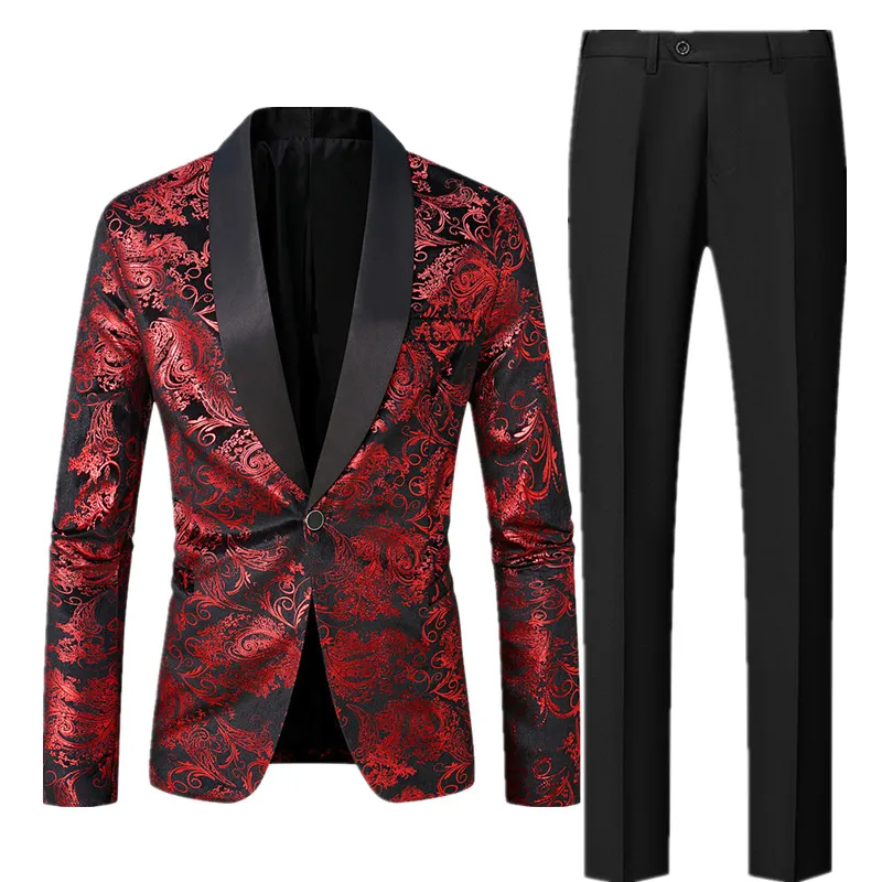

New Autumn Men's Red Printed Suit Jacket Paired with Black Pants, Gold, Green, and Blue Suit Sets Available.European size S-XXL