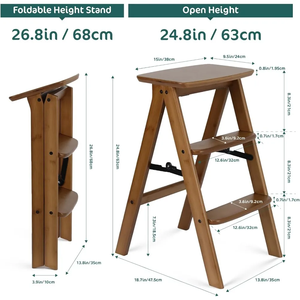 سلم خشبي قابل للطي لدعائم التصوير الفوتوغرافي - الحمولة القصوى 300 رطل، مقعد خشبي قوي ثلاثي الخطوات لاستخدام التصوير الفوتوغرافي #2