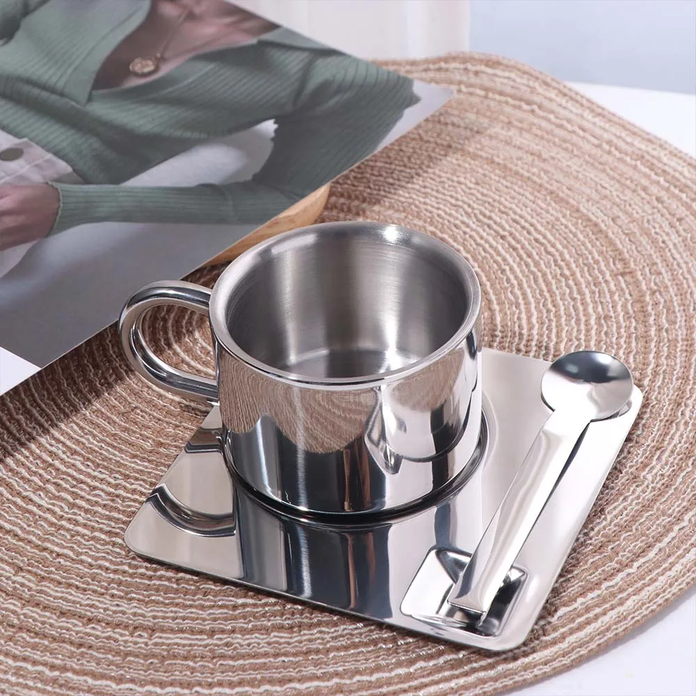 304 Stainless Steel Coffee Cup Set Minimalist Heat Resistant Coffee Mug with Spoon Drop-resistant Tea Cup Set Household