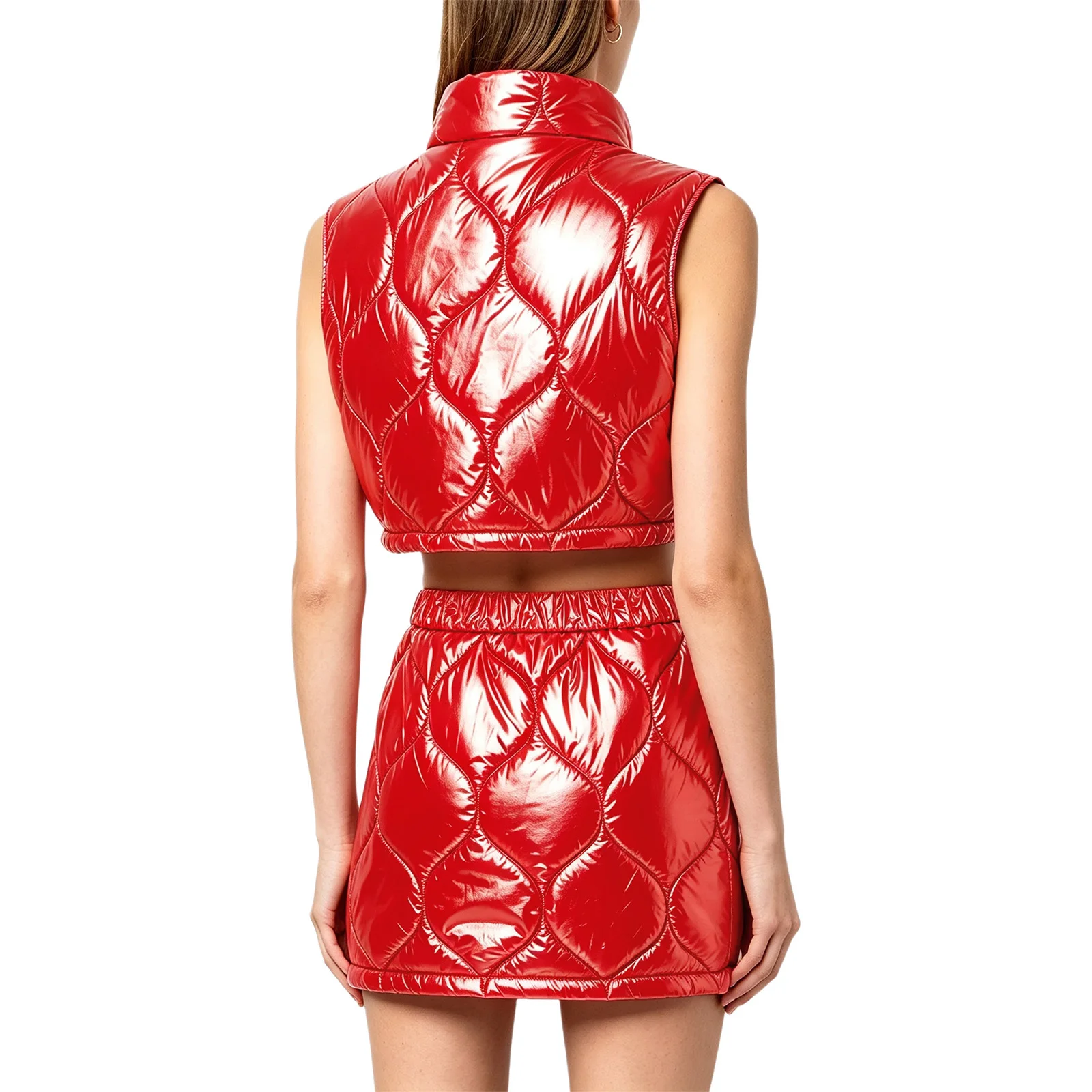 Womens Quilted Puffer Warm Outfit Stand Collar Sleeveless Front Zip-up Crop Vest and Miniskirt Sets for Winter Club Dance Party