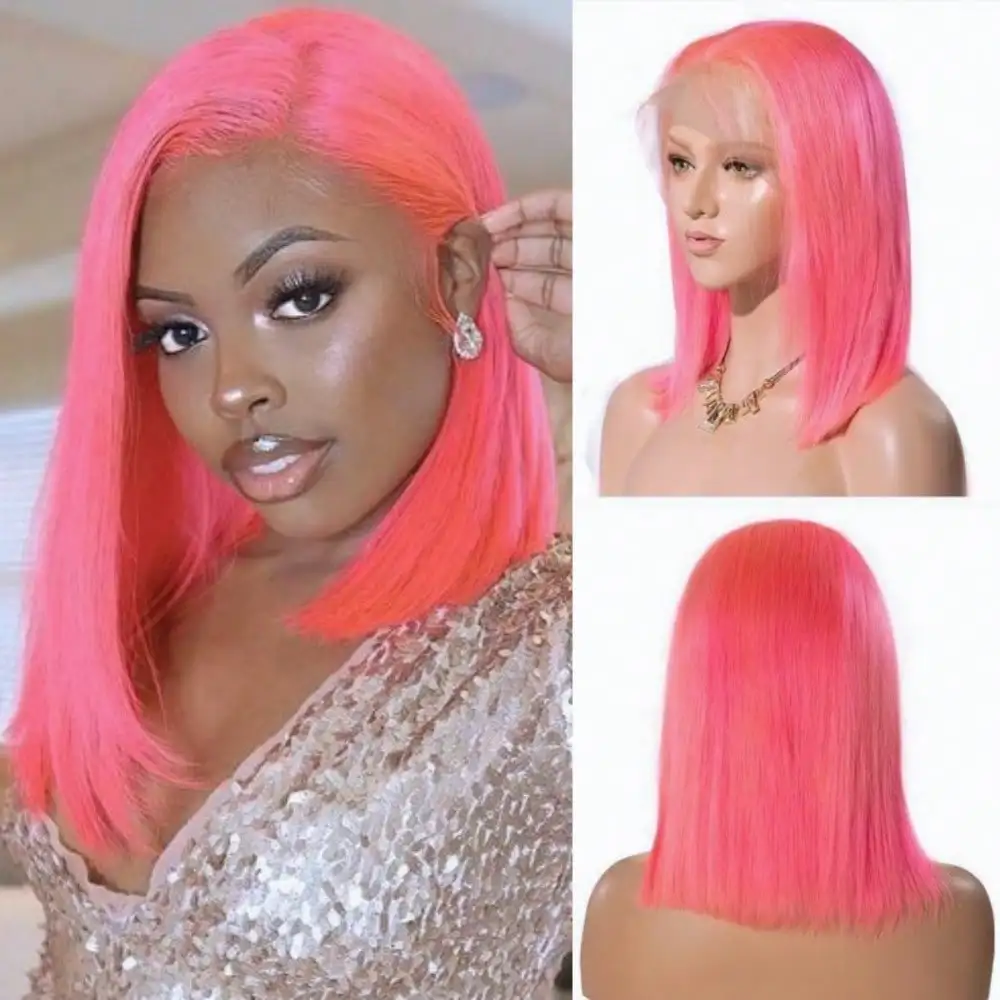 

Розовый парик-боб из натуральных волос, прямой, 13x4, с HD-кружевом, парик-фронт из натуральных волос, плотность 180, короткий парик-боб для женщин