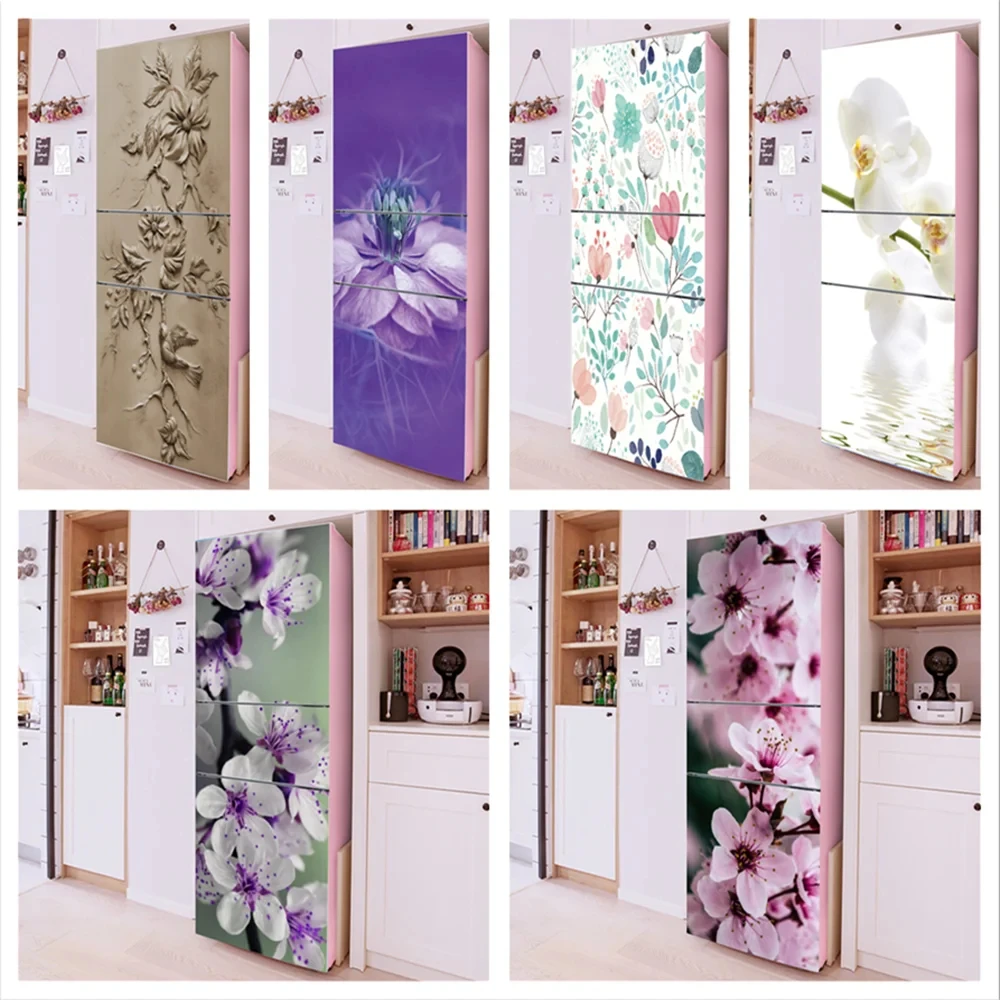 

Purple Flower Fridge Sticker Full Door Cover Spring Floral Refrigerator Stickers Mural Self-adhesive Home Decor Decal Wallpaper