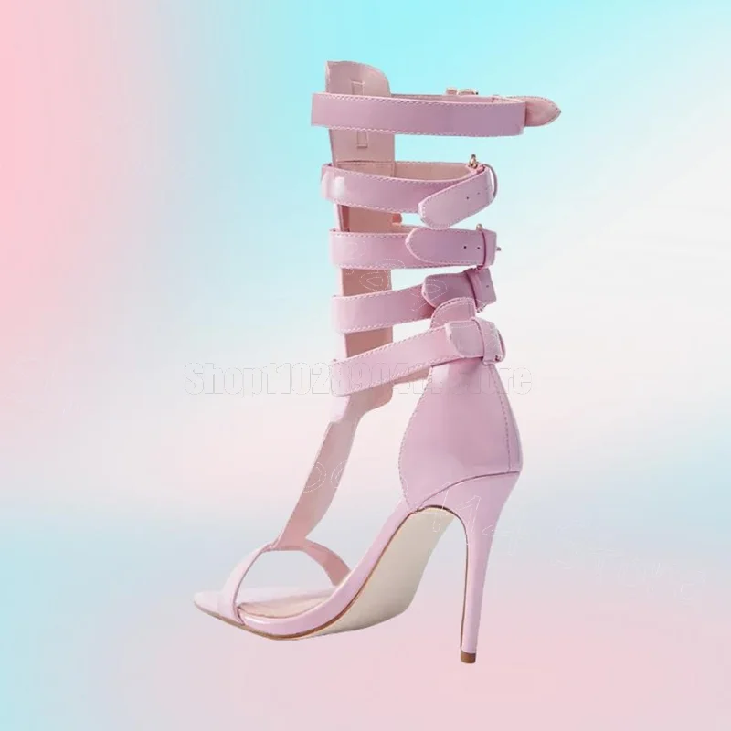 รองเท้าส้นสูงแบบเปิดนิ้วเท้า ดีไซน์หัวเข็มขัดสีชมพู สายรัดแบบหัวเข็มขัด รองเท้าผู้หญิง ส้นบาง สำหรับงานปาร์ตี้ งานเลี้ยง ออกเดท ปี 2025 รองเท้าผู้หญิง