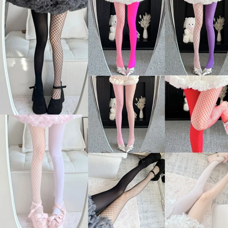 

E15F Women Aesthetic Hollowout Sheer Pantyhose AB Asymmetrical Contrasting Color See Through Tights Stockings Hosiery