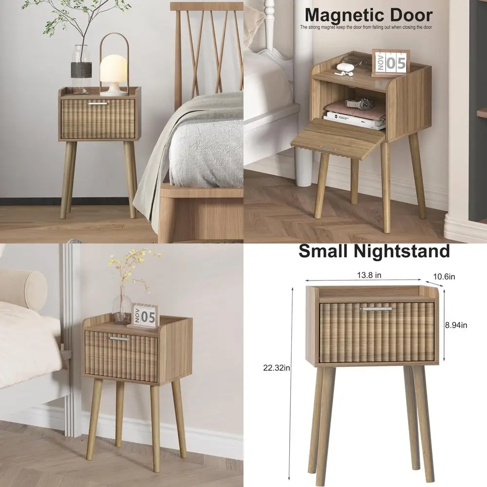 

Pair of Mid-Century Style Nightstands with Fluted Doors and Solid Wood Legs for Bedroom, Suitable for Small Beds