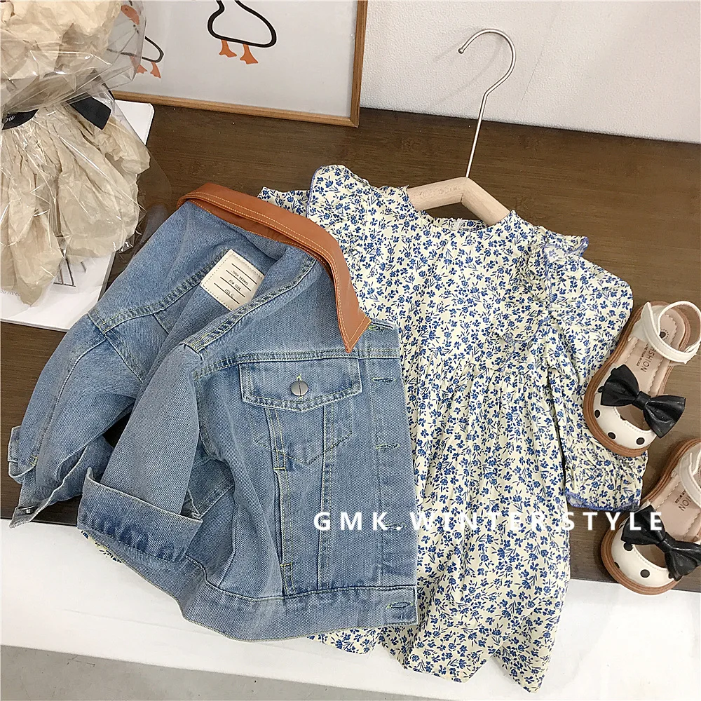 

Spring Autumn Korean Children Girls 2PCS Clothes Set Turn Down Collar Spliced Denim Coat Floral Printed Dress Baby Girls Outfits